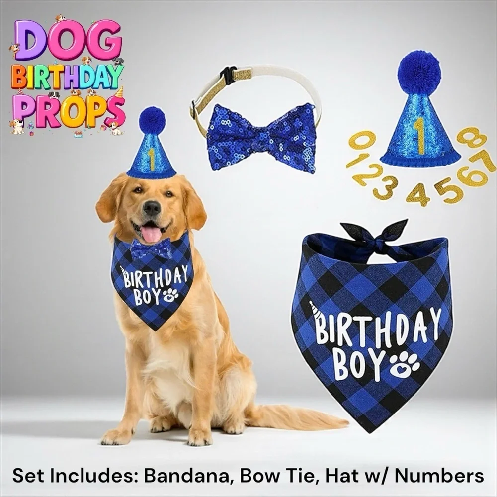 Dog Birthday Boy Party Set Bandana Hat Bow Tie NWT
